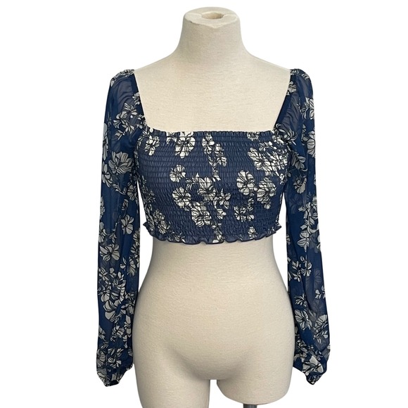 Shore Floral Long Sleeve Smocked Crop Top Square Neck Made in USA - Picture 1 of 6